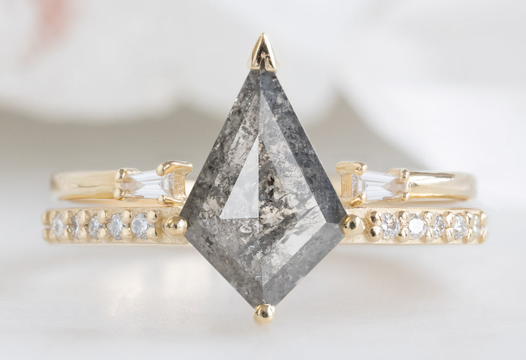 The Willow Ring with a Silvery-Grey Kite Diamond with Open-Cuff Baguette Stacking Band