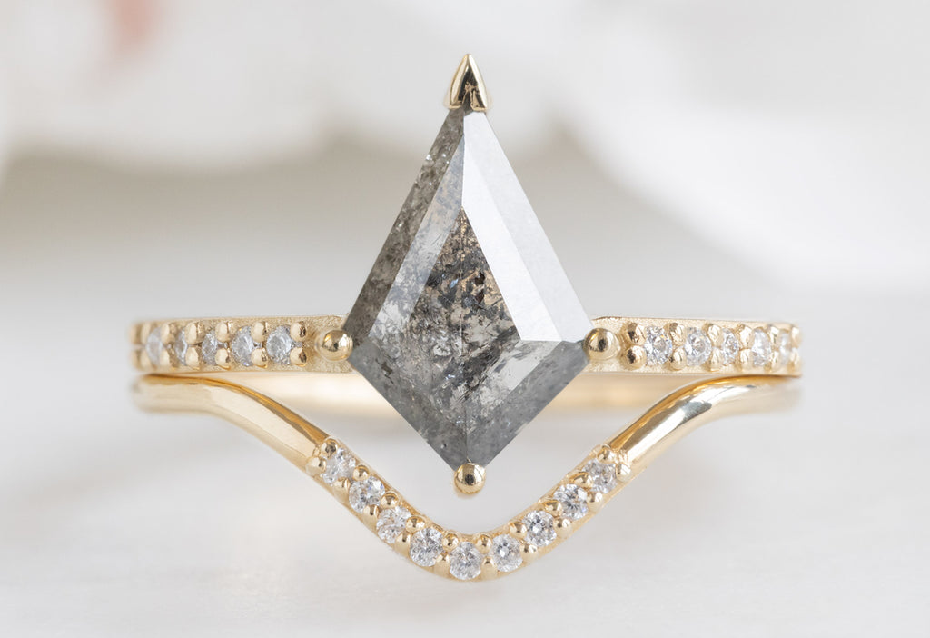 The Willow Ring with a Silvery-Grey Kite Diamond with Pavé Peak Stacking Band