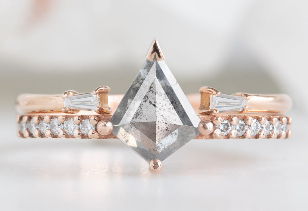 The Willow Ring with a Silvery Grey Kite Shaped Diamond with Open Cuff Diamond Baguette Stacking Band