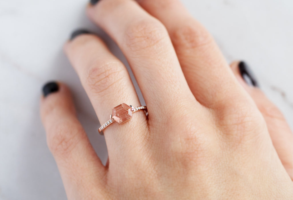 The Willow Ring with a Sunstone Hexagon on Model