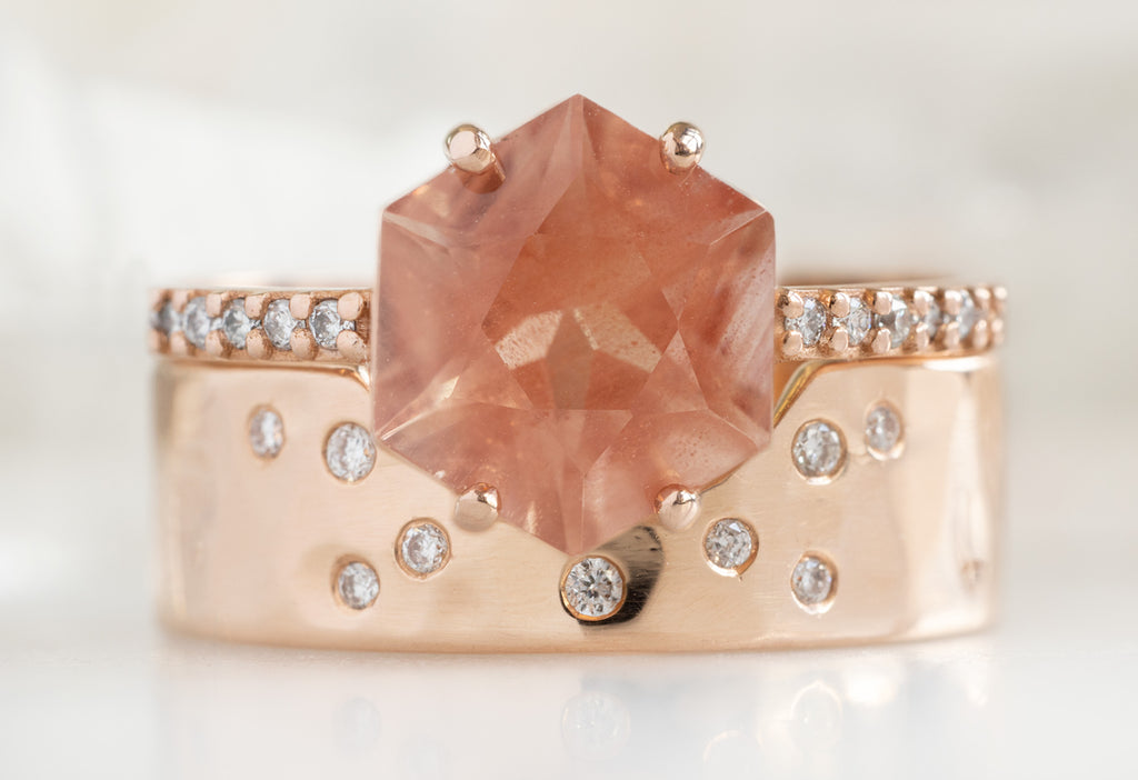 The Willow Ring with a Sunstone Hexagon with Constellation Wedding Band