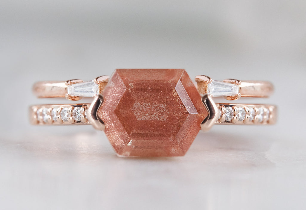 The Willow Ring with a Sunstone Hexagon with Stacking Band