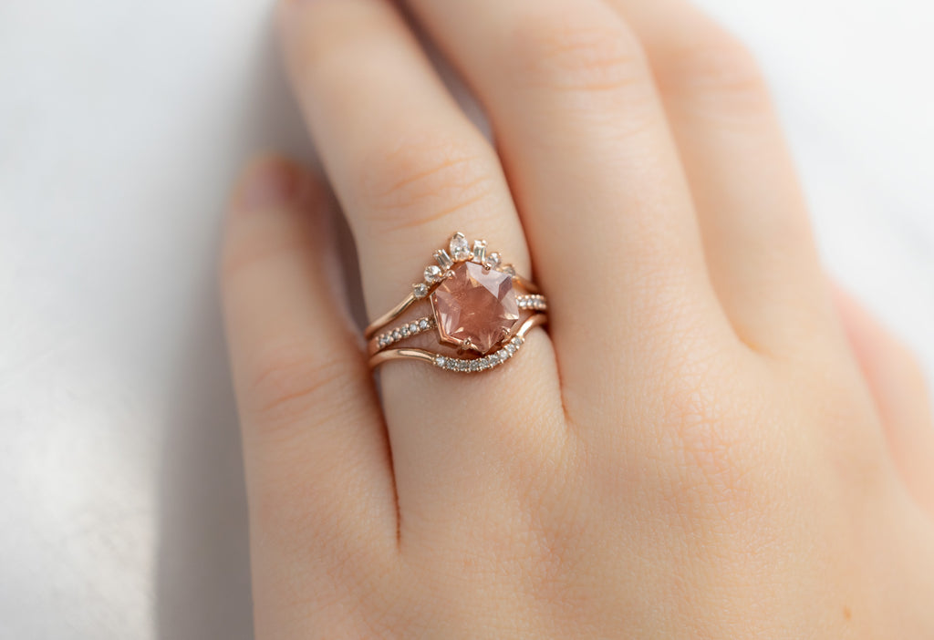 The Willow Ring with a Sunstone Hexagon with White Diamond Stacking Bands on Model