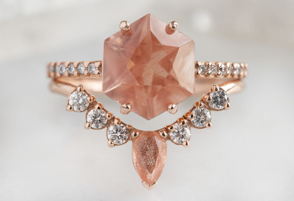 The Willow Ring with a Sunstone Hexagon with Diamond and Sunstone Stacking Band