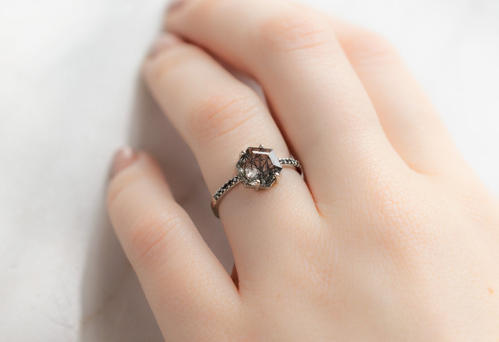 The Willow Ring with a Tourmaline In Quartz Hexagon on Model