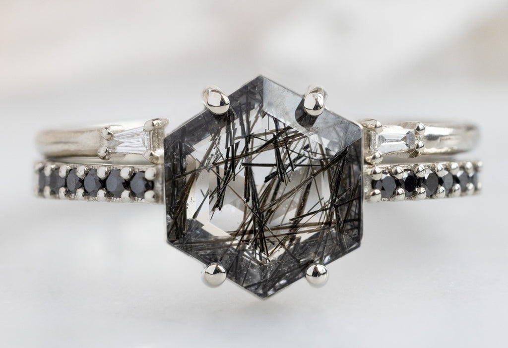 The Willow Ring with a Tourmaline In Quartz Hexagon with Open Cuff Baguette Diamond Stacking Ring