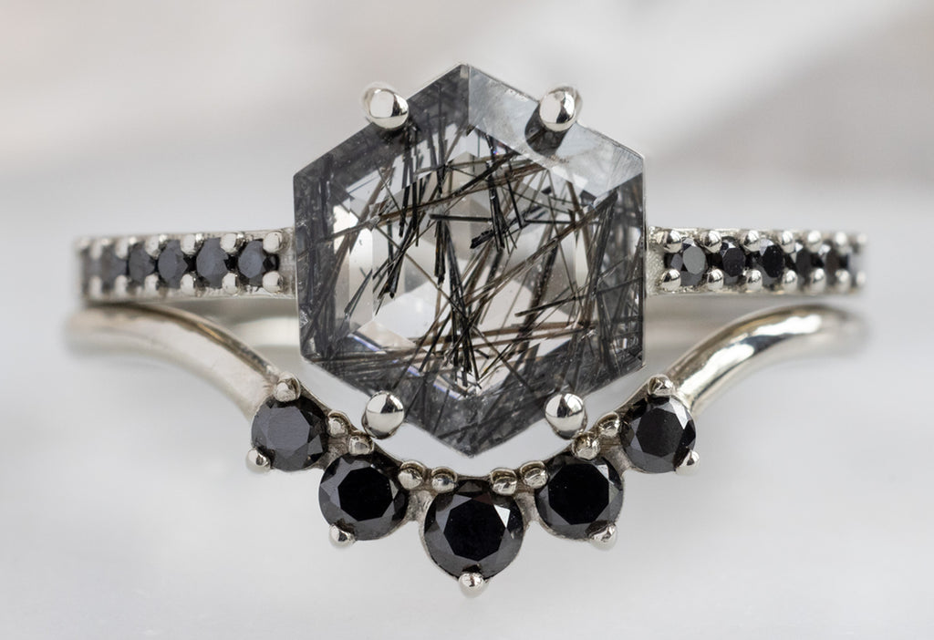 The Willow Ring with a Tourmaline In Quartz Hexagon with Round Black Diamond Sunburst Stacking Band