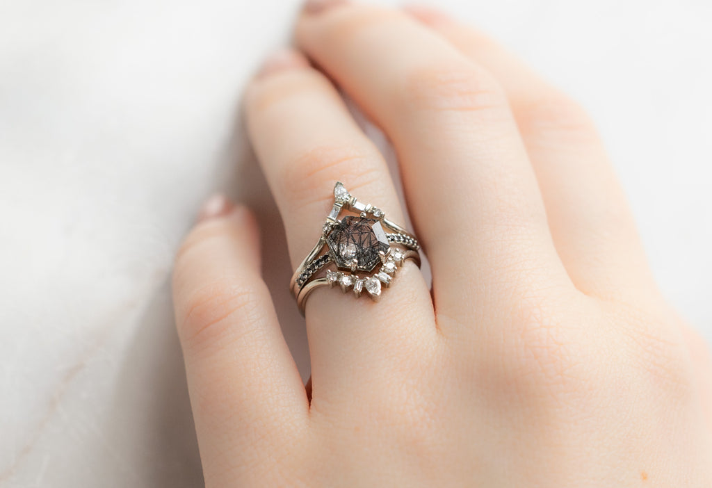The Willow Ring with a Tourmaline In Quartz Hexagon with White Diamond Stacking Rings on Model