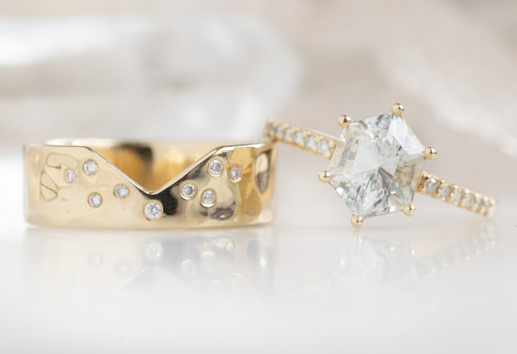 The Willow Ring with a White Sapphire Hexagon with Constellation Cut-Out Stacking Band