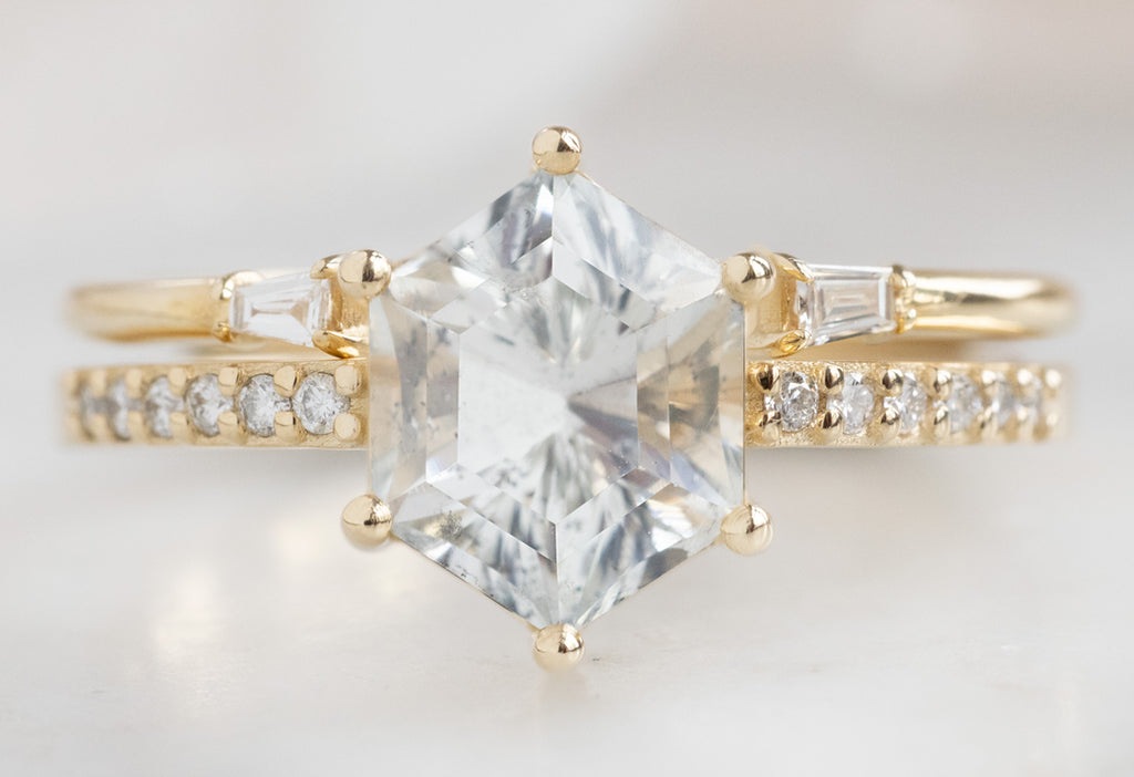 The Willow Ring with a White Sapphire Hexagon with Open Cuff Baguette Stacking Band