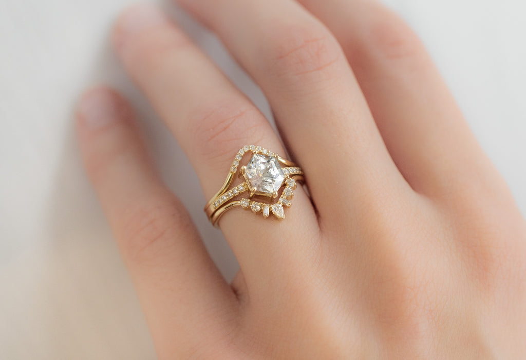 The Willow Ring with a White Sapphire Hexagon with White Diamond Stacking Bands on Model