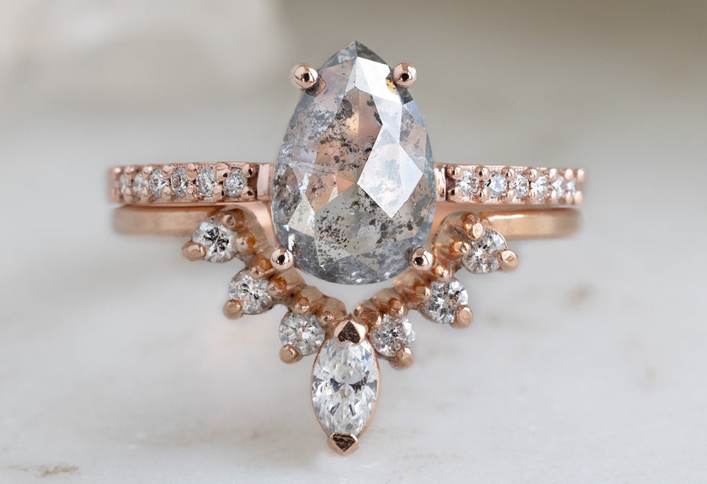 The Willow Ring with a Rose-Cut Salt and Pepper Diamond with Stacking Band
