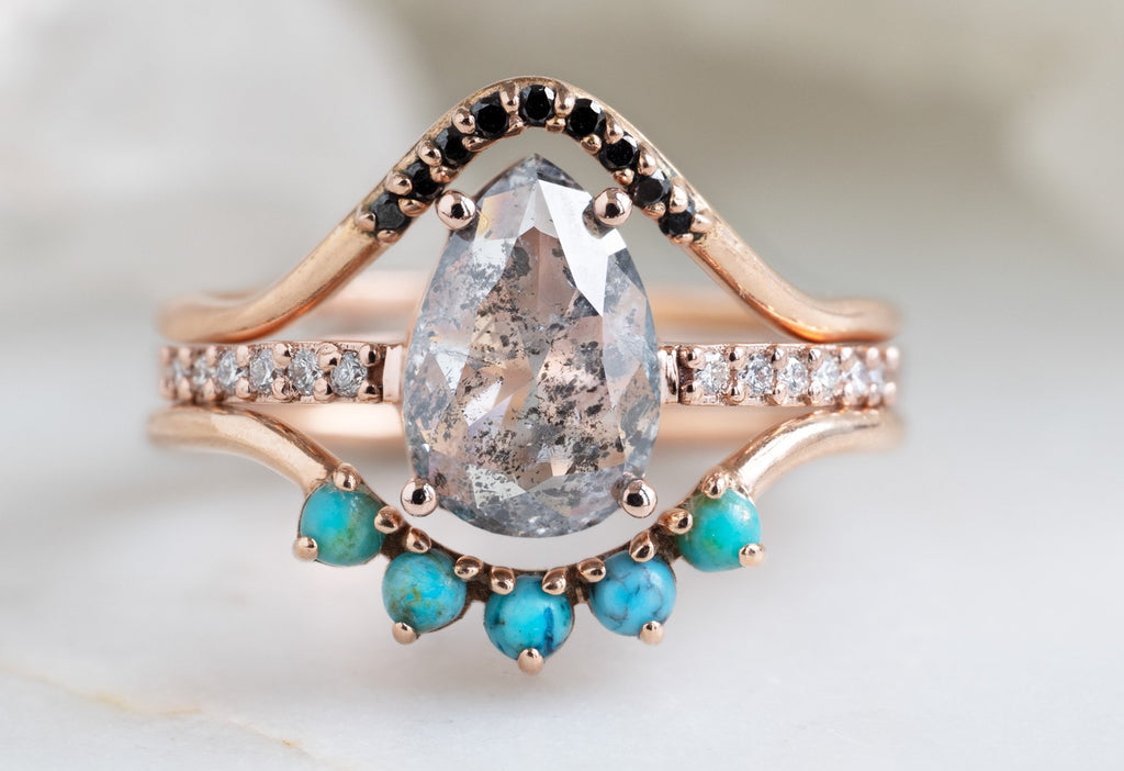 The Willow Ring with a Rose-Cut Salt and Pepper Diamond with Stacking Band