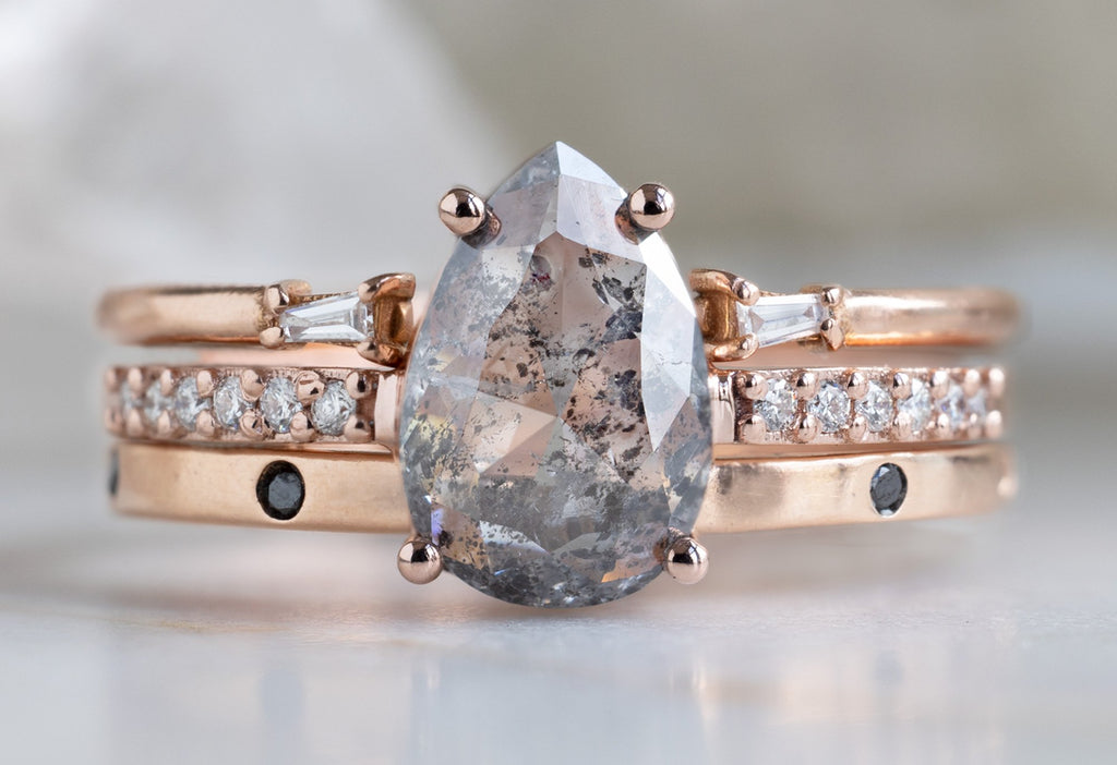 The Willow Ring with a Rose-Cut Salt and Pepper Diamond with Stacking Bands