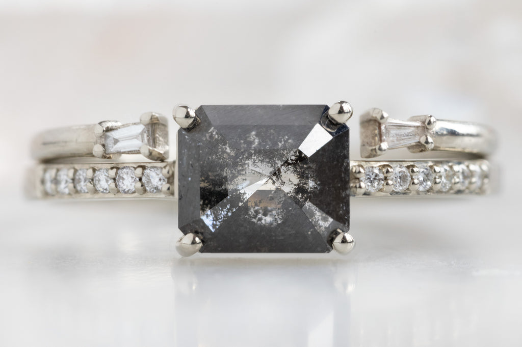  The Willow Ring with an Emerald-Cut Black Diamond with Stacking Band