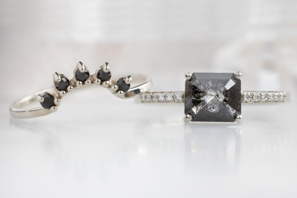 The Willow Ring with an Emerald-Cut Black Diamond with Stacking Band