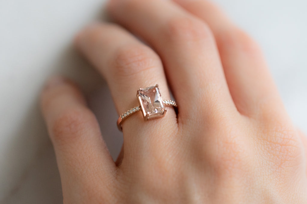 The Willow Ring with an Emerald-Cut Morganite on Model