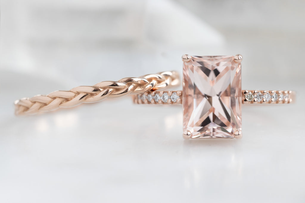 The Willow Ring with an Emerald-Cut Morganite with Stacking Band