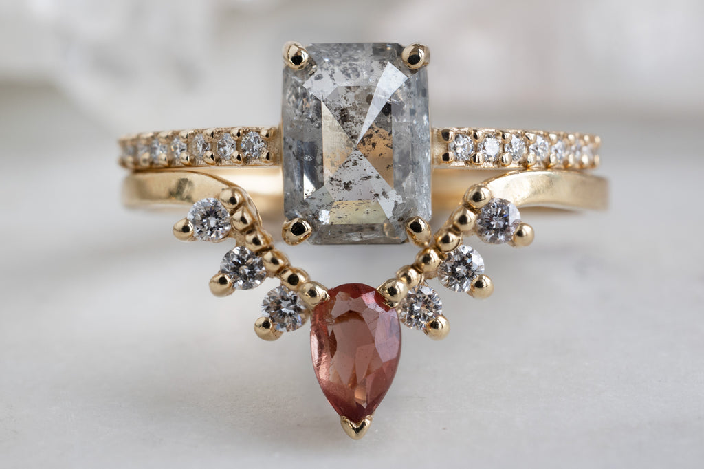 The Willow Ring with an Emerald Cut Salt and Pepper Diamond with Stacking Band