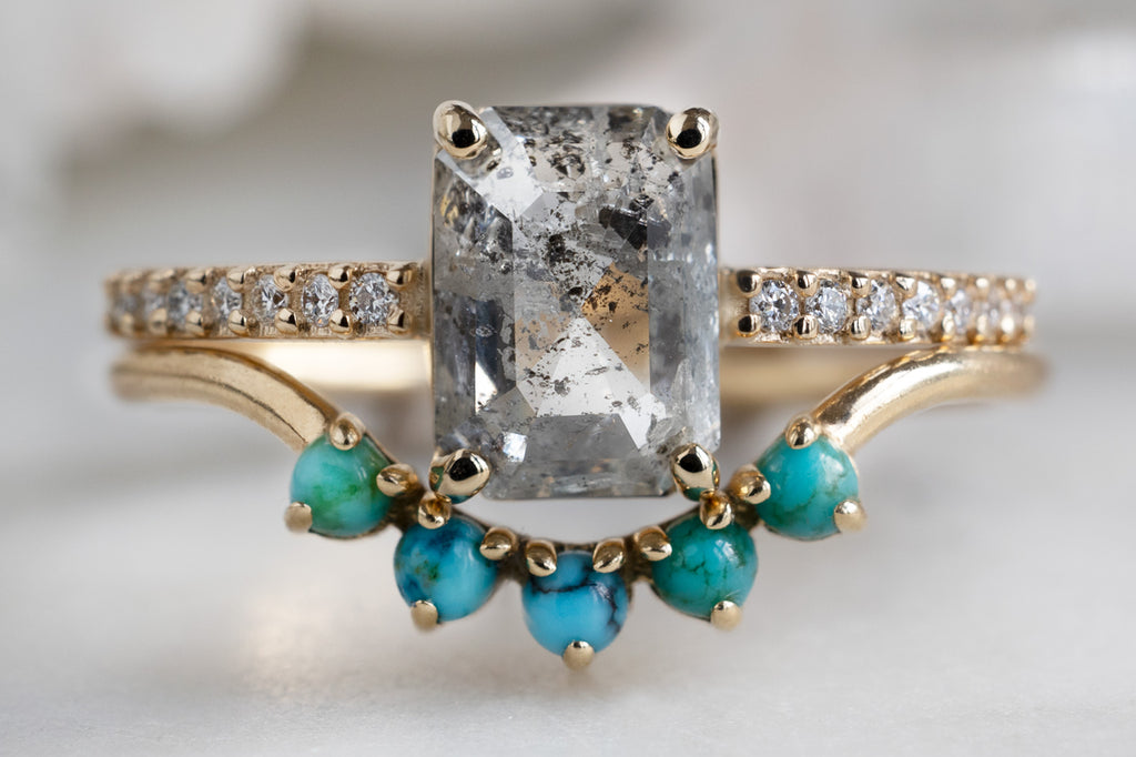 The Willow Ring with an Emerald Cut Salt and Pepper Diamond with Stacking Band