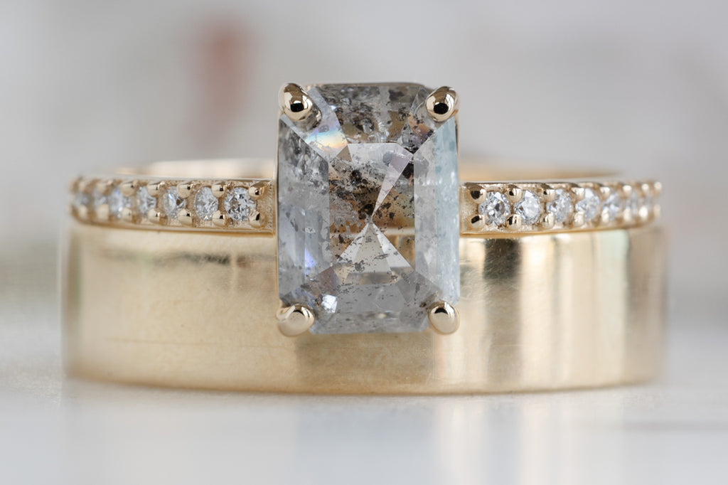 The Willow Ring with an Emerald Cut Salt and Pepper Diamond with Stacking Band