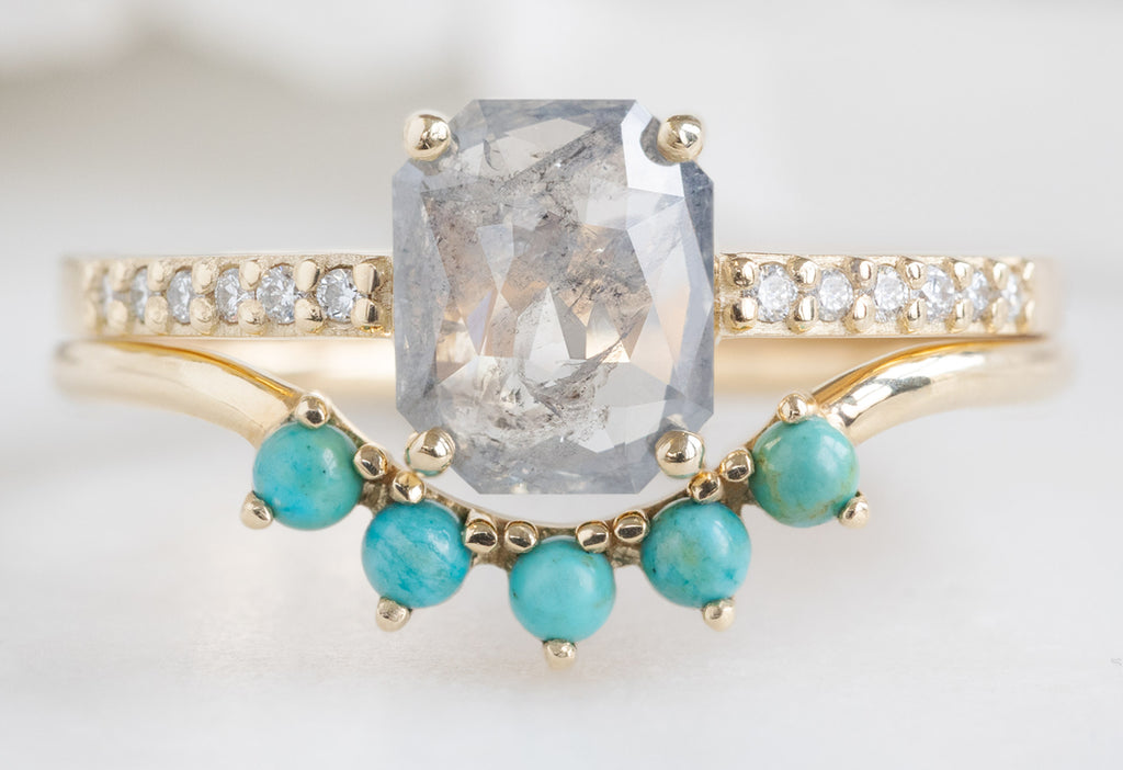 The Willow Ring with an Emerald-Cut Silvery Grey Diamond with Turquoise Sunburst Stacking Band