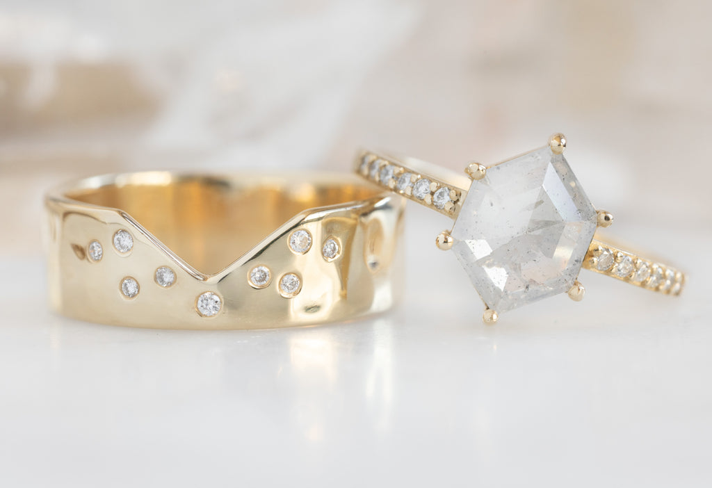The Willow Ring with an Icy-White Hexagon Diamond with Constellation Cut-Out Stacking Band