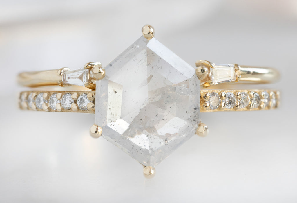 The Willow Ring with an Icy-White Hexagon Diamond with Open Cuff Baguette Stacking Band
