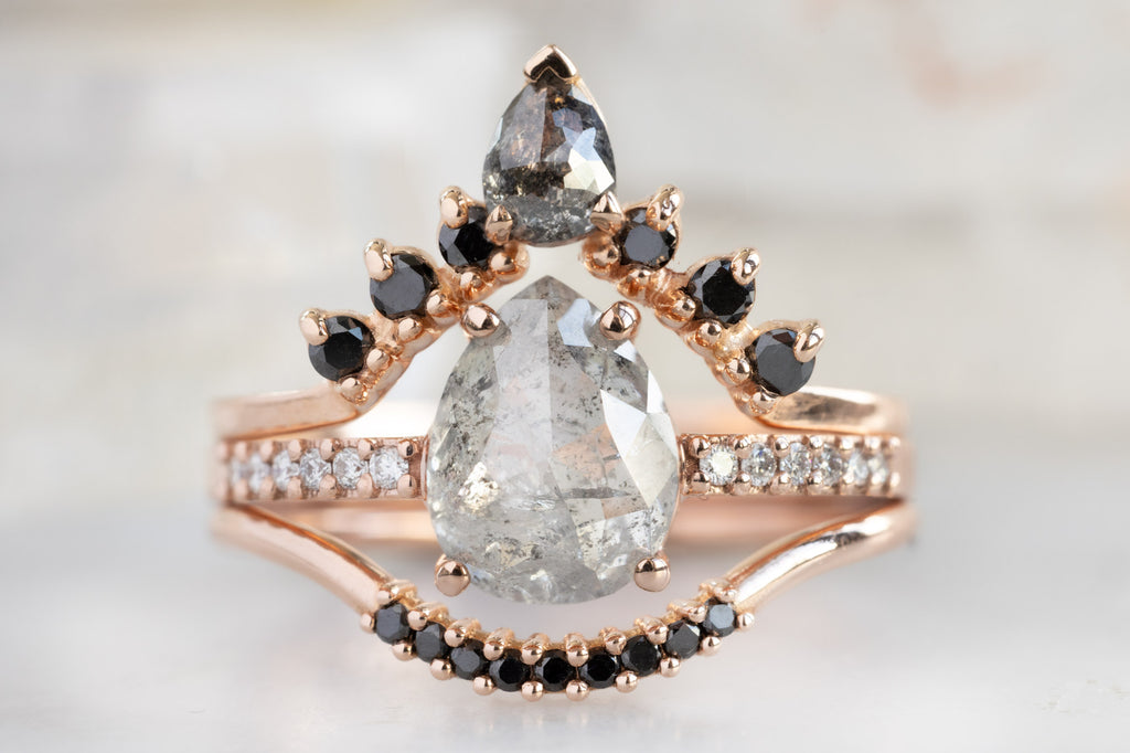 The Willow Ring with an Opalescent Grey Rose-Cut Diamond with Stacking Bands