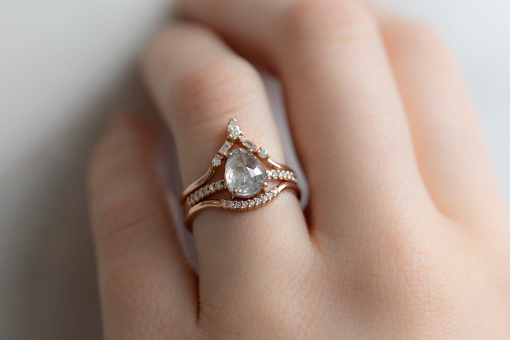 The Willow Ring with an Opalescent Grey Rose-Cut Diamond with Stacking Bands on Model