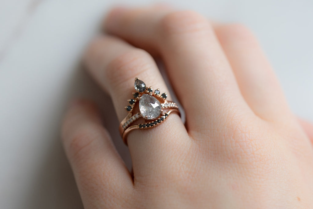 The Willow Ring with an Opalescent Grey Rose-Cut Diamond with Stacking Bands on Model