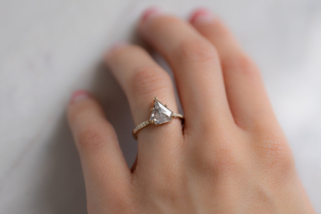 The Willow Ring with an Opalescent Shield-Cut Diamond on Model
