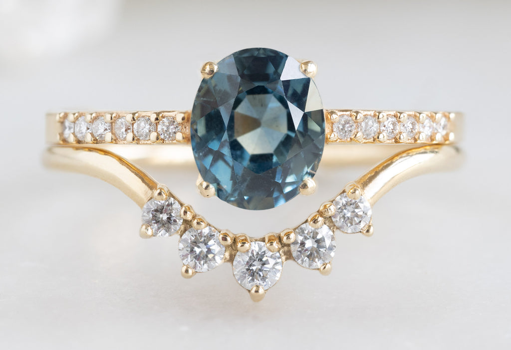 The Willow Ring with an Oval-Cut Sapphire with Round White Diamond Sunburst Stacking Band
