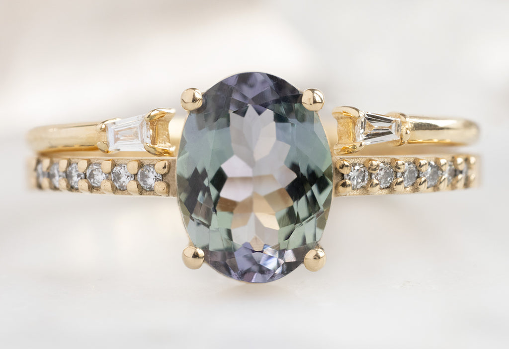 The Willow Ring with an Oval-Cut Tanzanite with Open Cuff Baguette Stacking Band