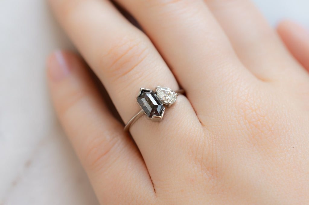 The You & Me Ring with a Black Hexagon + White Diamond on Model