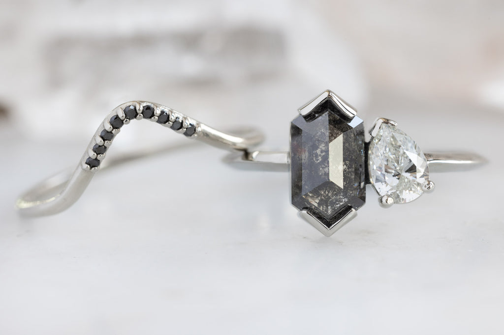 The You & Me Ring with a Black Hexagon + White Diamond with Pavé Arc Stacking Band
