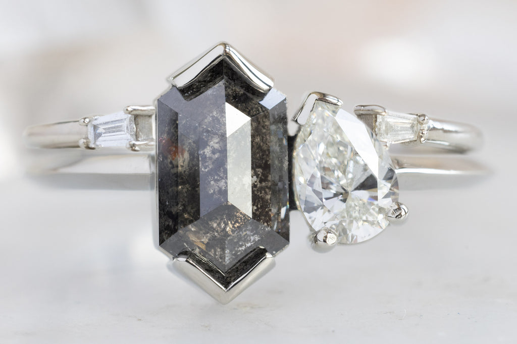 The You & Me Ring with a Black Hexagon + White Diamond with Open Cuff DIamond Stacking Band