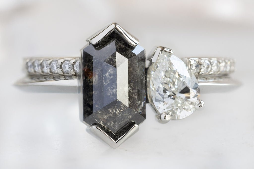 The You & Me Ring with a Black Hexagon + White Diamond with White Diamond Pavé Band