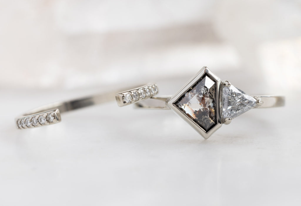 The You & Me Ring with a Black Shield + White Diamond with Open Cuff Pavé Stacking Band