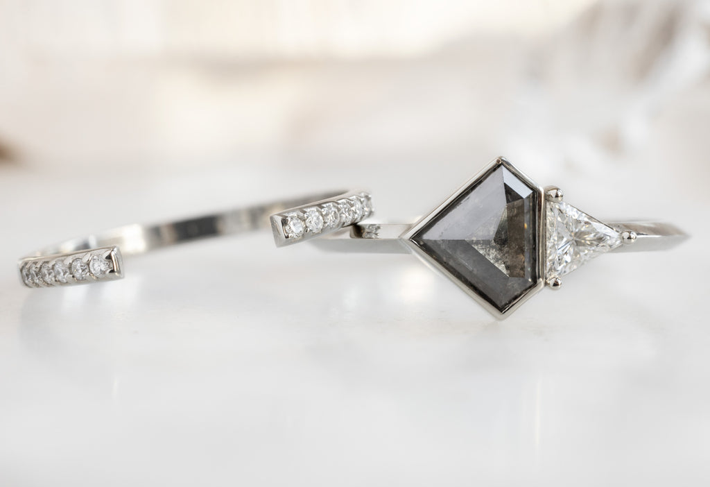 The You & Me Ring with a Black Shield + White Diamond with Open Cuff Pave Stacking Band
