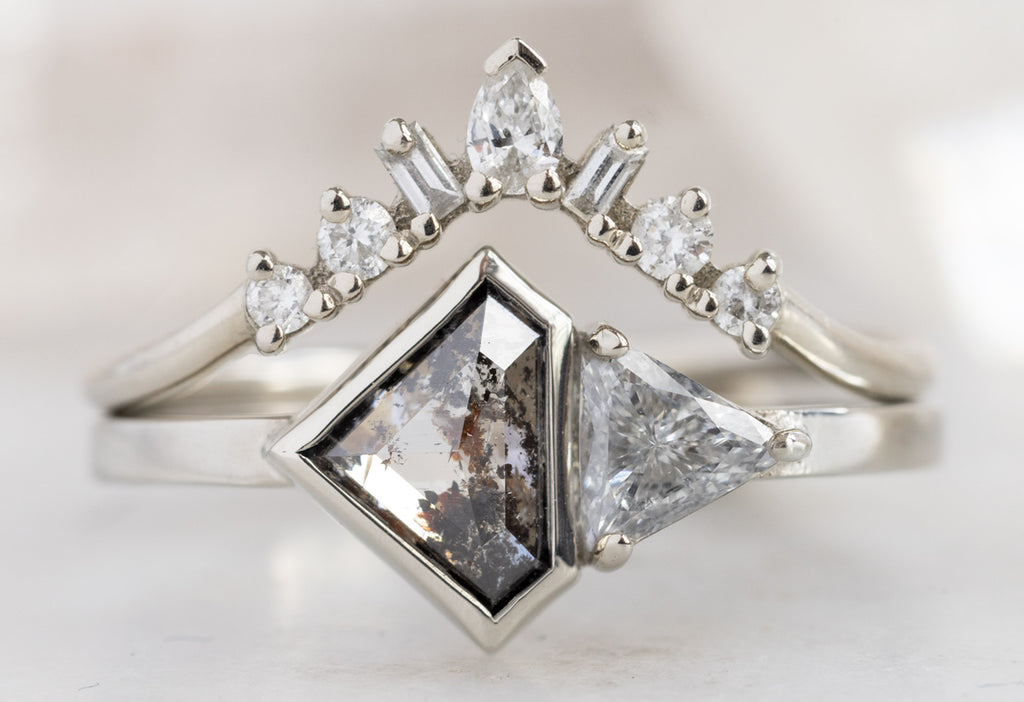 The You & Me Ring with a Black Shield + White Diamond with Geometric Diamond Sunburst Stacking Band
