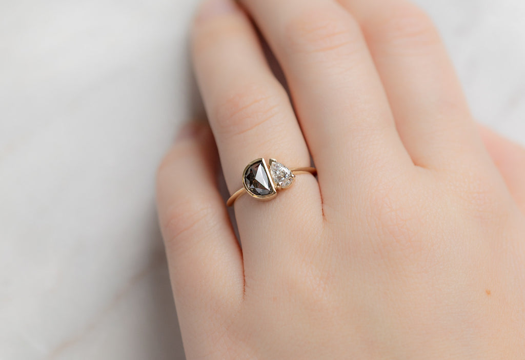 The You & Me Ring with a Salt and Pepper Geometric + White Diamond on Model