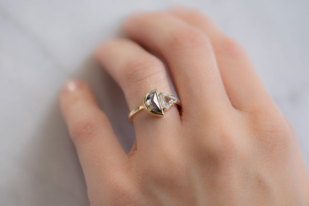 The You & Me Ring with a Salt and Pepper Geometric + White Shield on Model