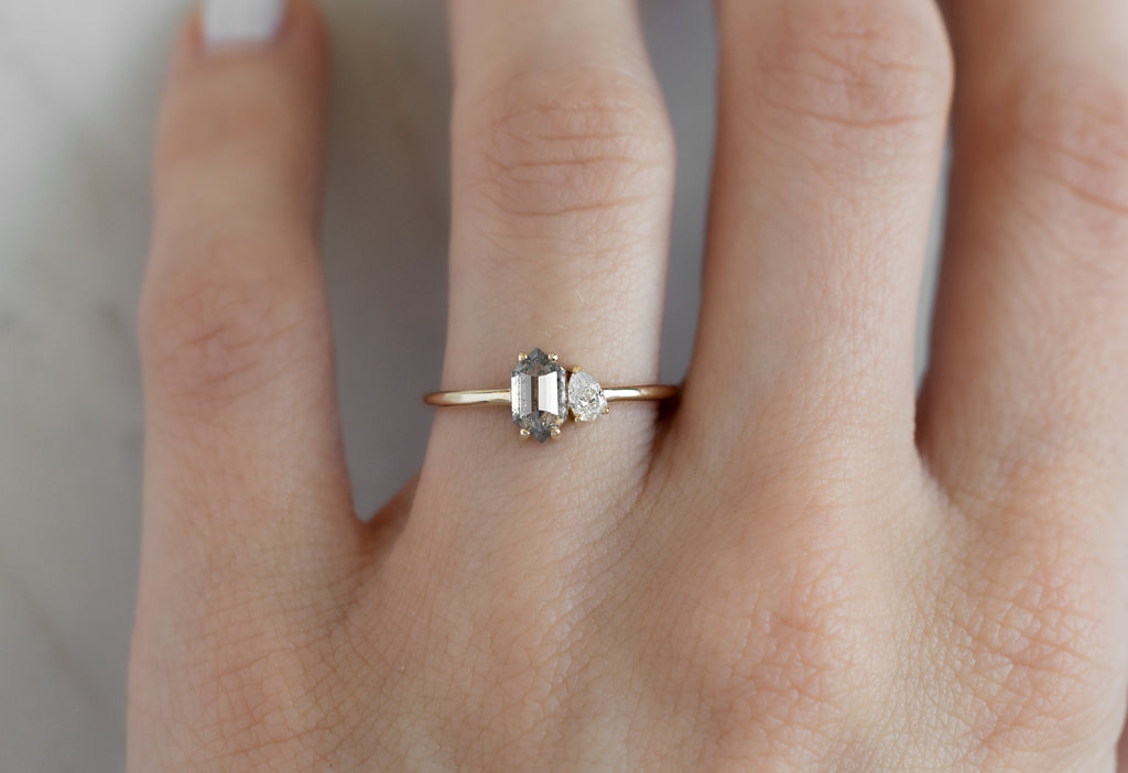 The You & Me Ring with a Salt and Pepper Hexagon + White Diamond on Model