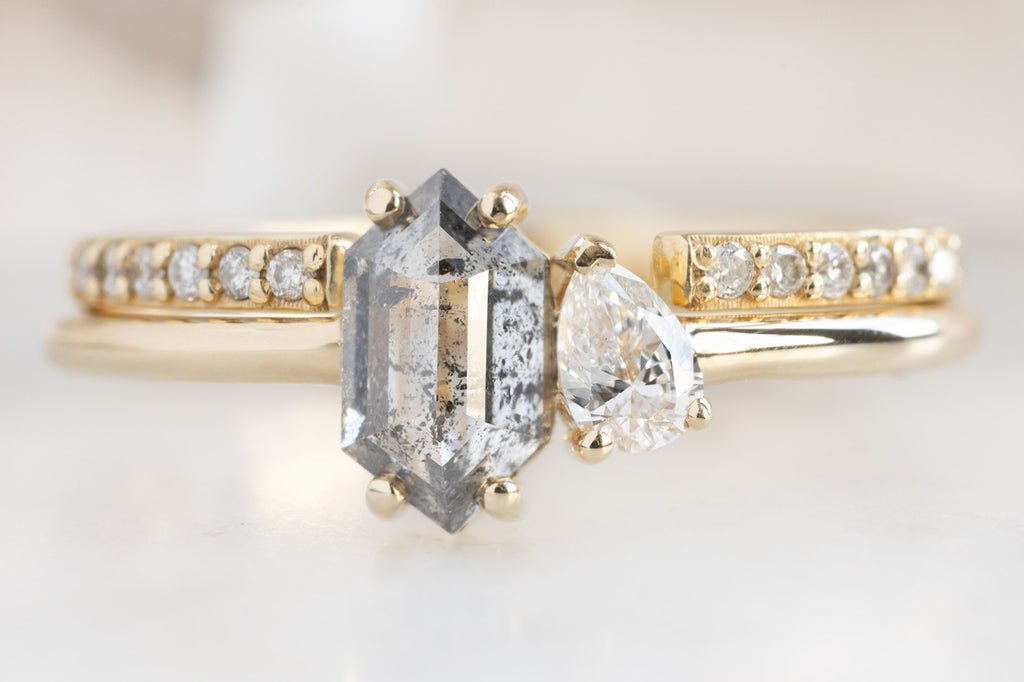 The You & Me Ring with a Salt and Pepper Hexagon + White Diamond with Stacking Band
