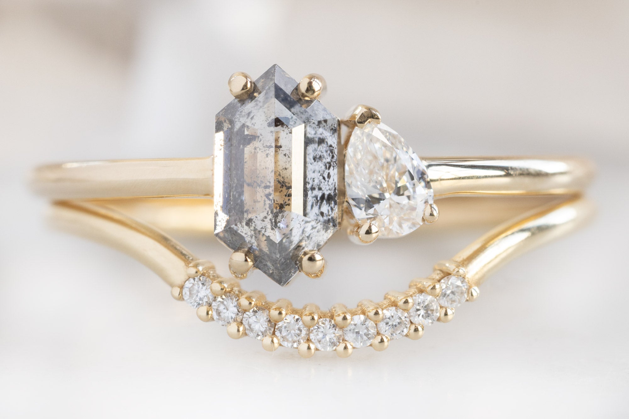 The You & Me Ring with a Salt and Pepper Hexagon + White Diamond