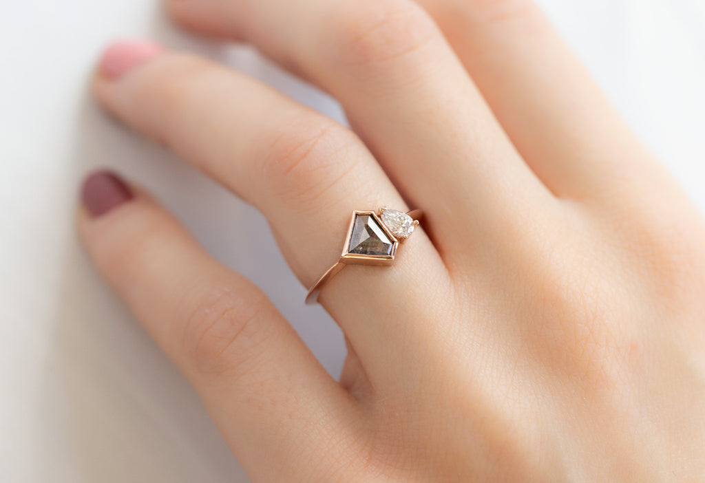The You & Me Ring with a Salt and Pepper Shield + White Diamond on Model