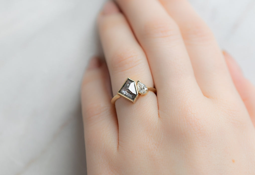 The You & Me Ring with a Salt and Pepper Shield + White Diamond on Model