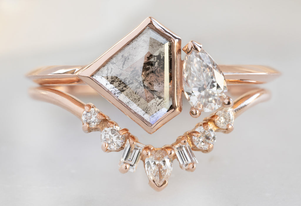 The You & Me Ring with a Salt and Pepper Shield + White Diamond with White Diamond Geometric Sunburst Stacking Band