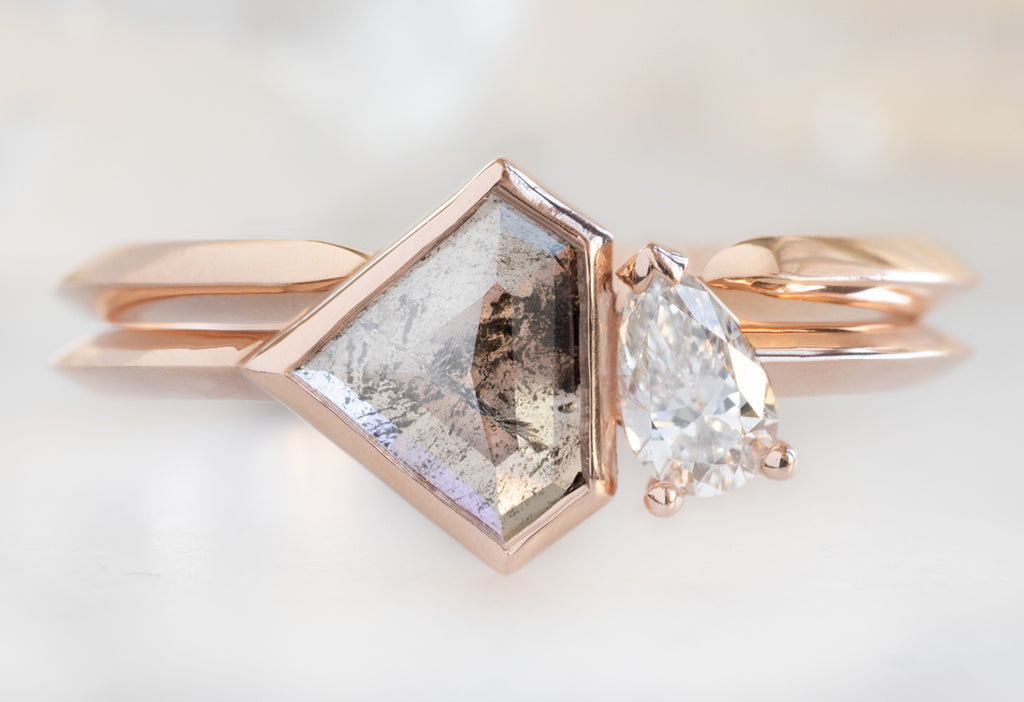 The You & Me Ring with a Salt and Pepper Shield + White Diamond with Open Cuff Knife Edge Stacking Band